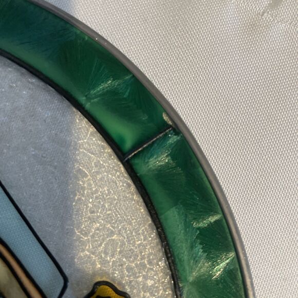 Vintage Joan Baker Handpainted Stained Glass Suncatcher Bird Houses Green Circle - Picture 3 of 3